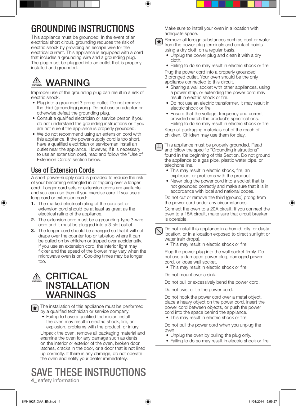 Save these instructions, Grounding instructions, Warning | Critical installation warnings, Use of extension cords | Samsung SMH1927B-XAA User Manual | Page 4 / 26