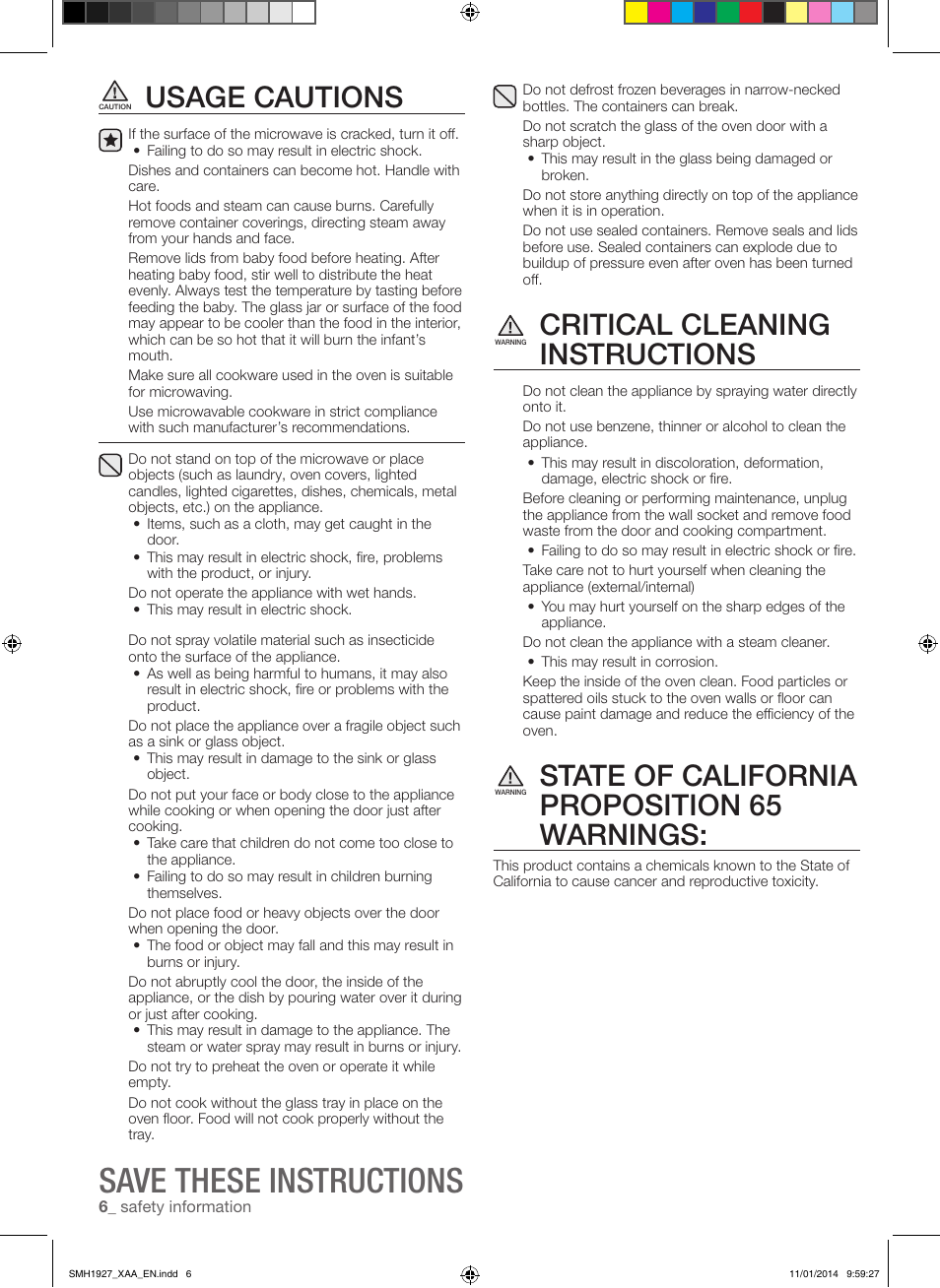 Save these instructions, Usage cautions, Critical cleaning instructions | State of california proposition 65 warnings | Samsung SMH1927B-XAA User Manual | Page 6 / 26