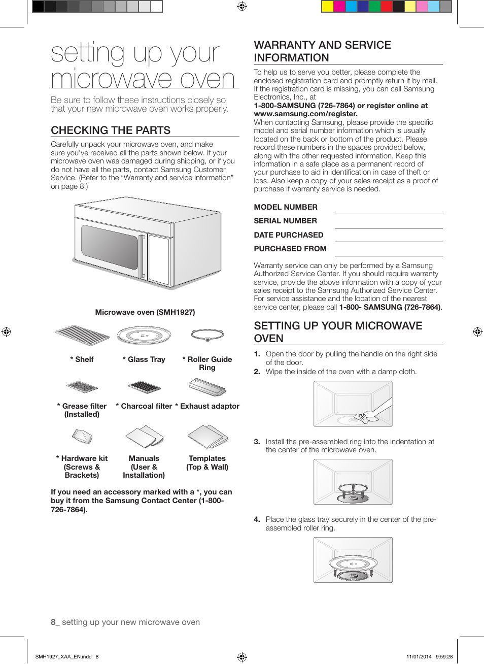 Setting up your microwave oven, Checking the parts, Warranty and service information | Samsung SMH1927B-XAA User Manual | Page 8 / 26
