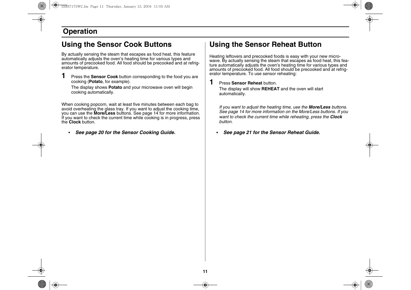 Using the sensor cook buttons, Using the sensor reheat button, Operation using the sensor cook buttons | Samsung SMH7175WC-XAA User Manual | Page 11 / 36