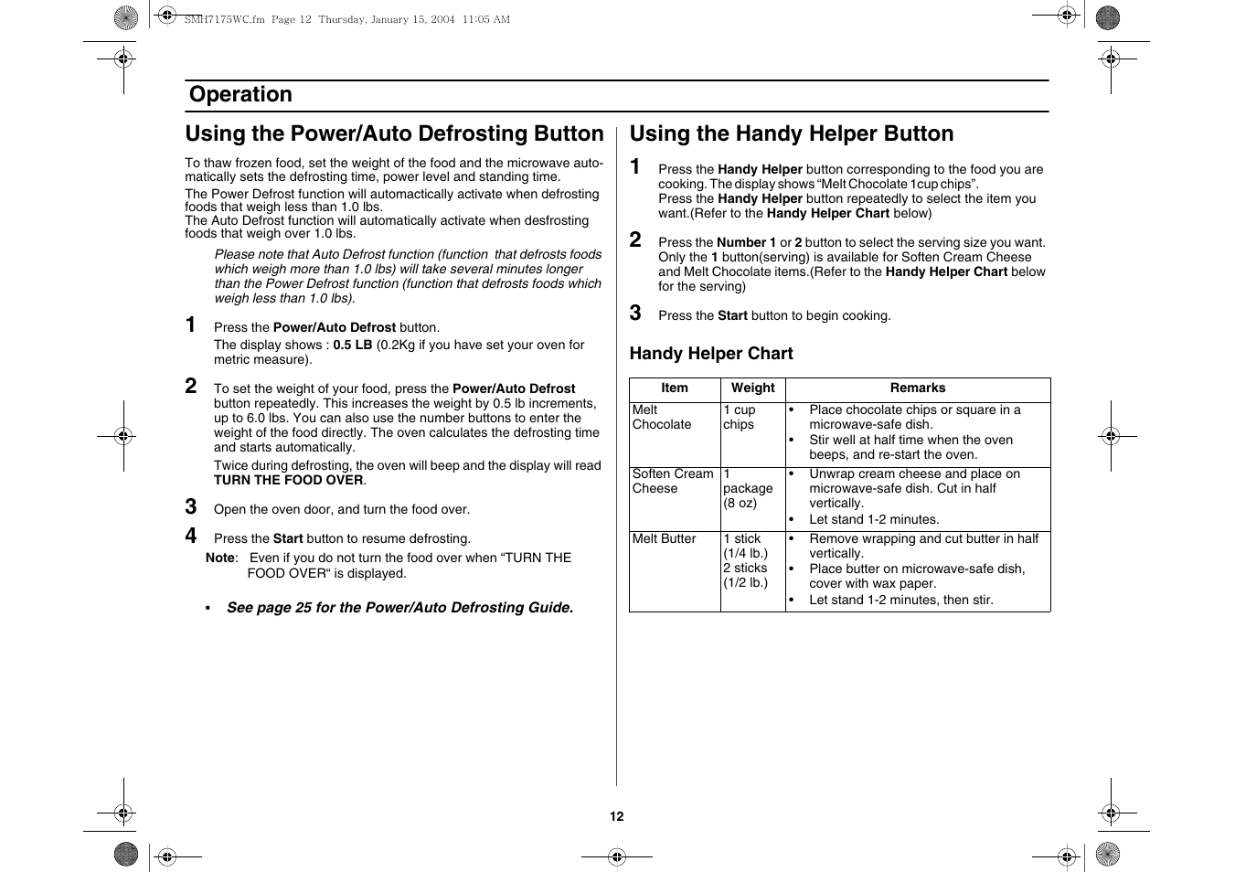 Using the power/auto defrosting button, Using the handy helper button, Operation using the power/auto defrosting button | Using the handy helper button 1 | Samsung SMH7175WC-XAA User Manual | Page 12 / 36