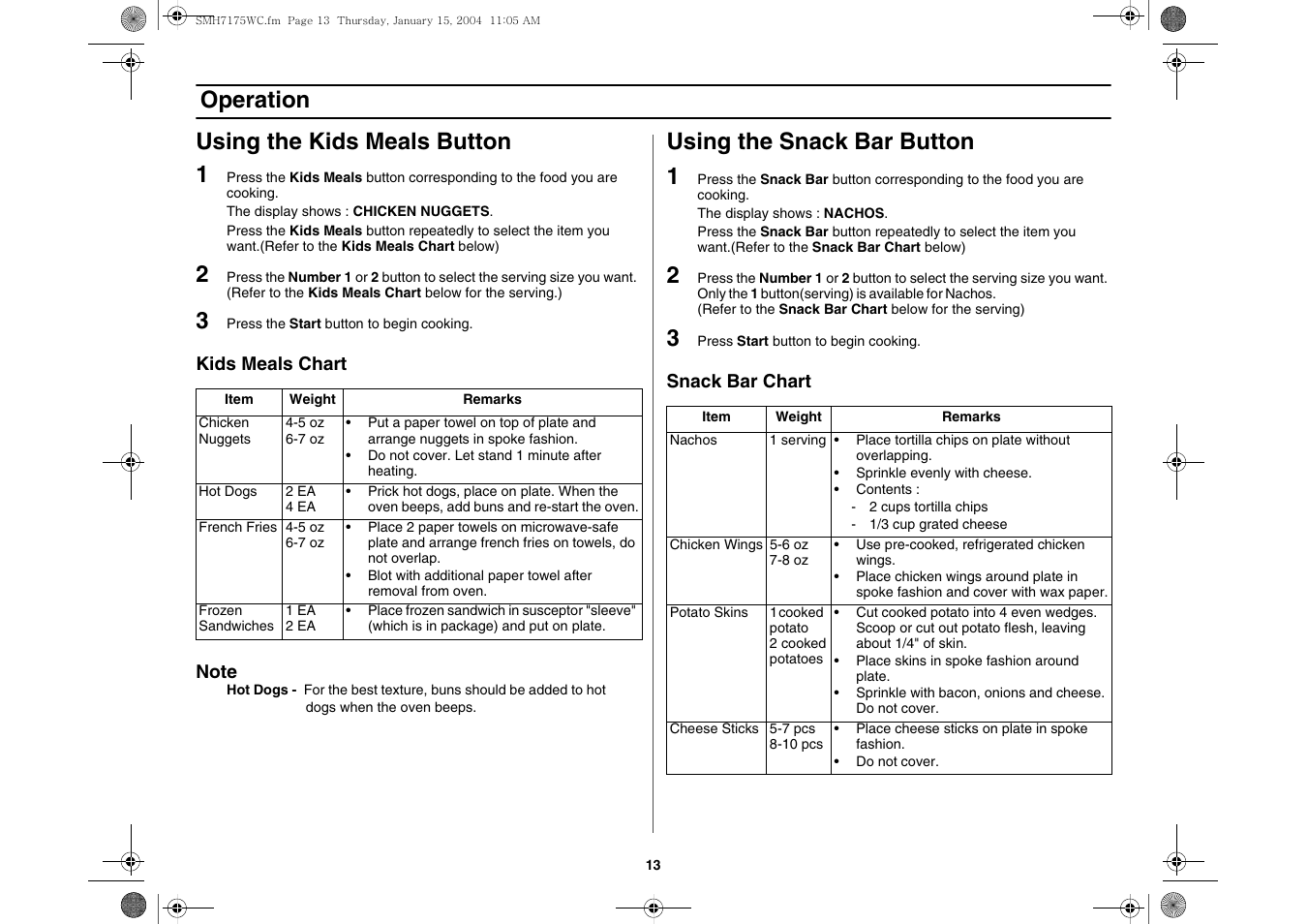 Using the kids meals button, Using the snack bar button, Operation using the kids meals button 1 | Using the snack bar button 1 | Samsung SMH7175WC-XAA User Manual | Page 13 / 36