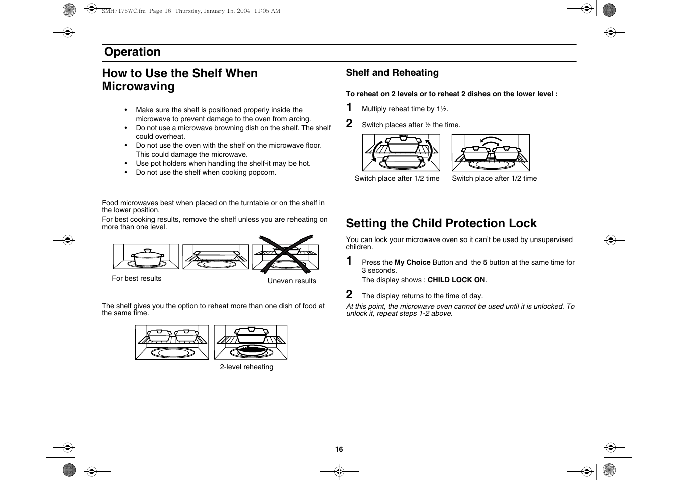 How to use the shelf when, Setting the child protection lock, Operation how to use the shelf when microwaving | Samsung SMH7175WC-XAA User Manual | Page 16 / 36