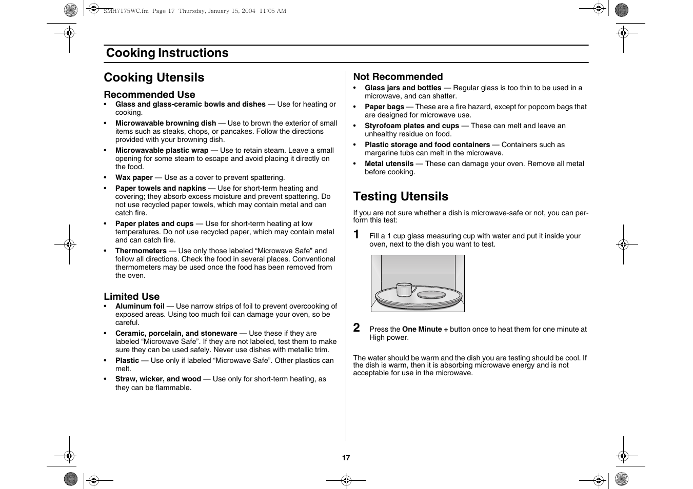 Cooking instructions, Cooking utensils, Testing utensils | Cooking instructions cooking utensils | Samsung SMH7175WC-XAA User Manual | Page 17 / 36