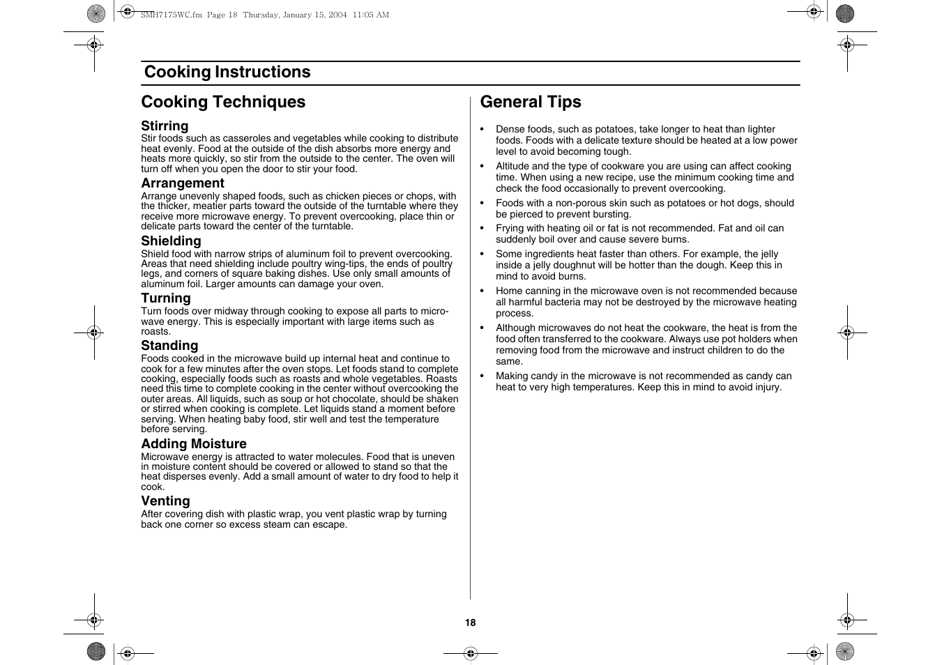 Cooking techniques, Cooking instructions cooking techniques, General tips | Samsung SMH7175WC-XAA User Manual | Page 18 / 36