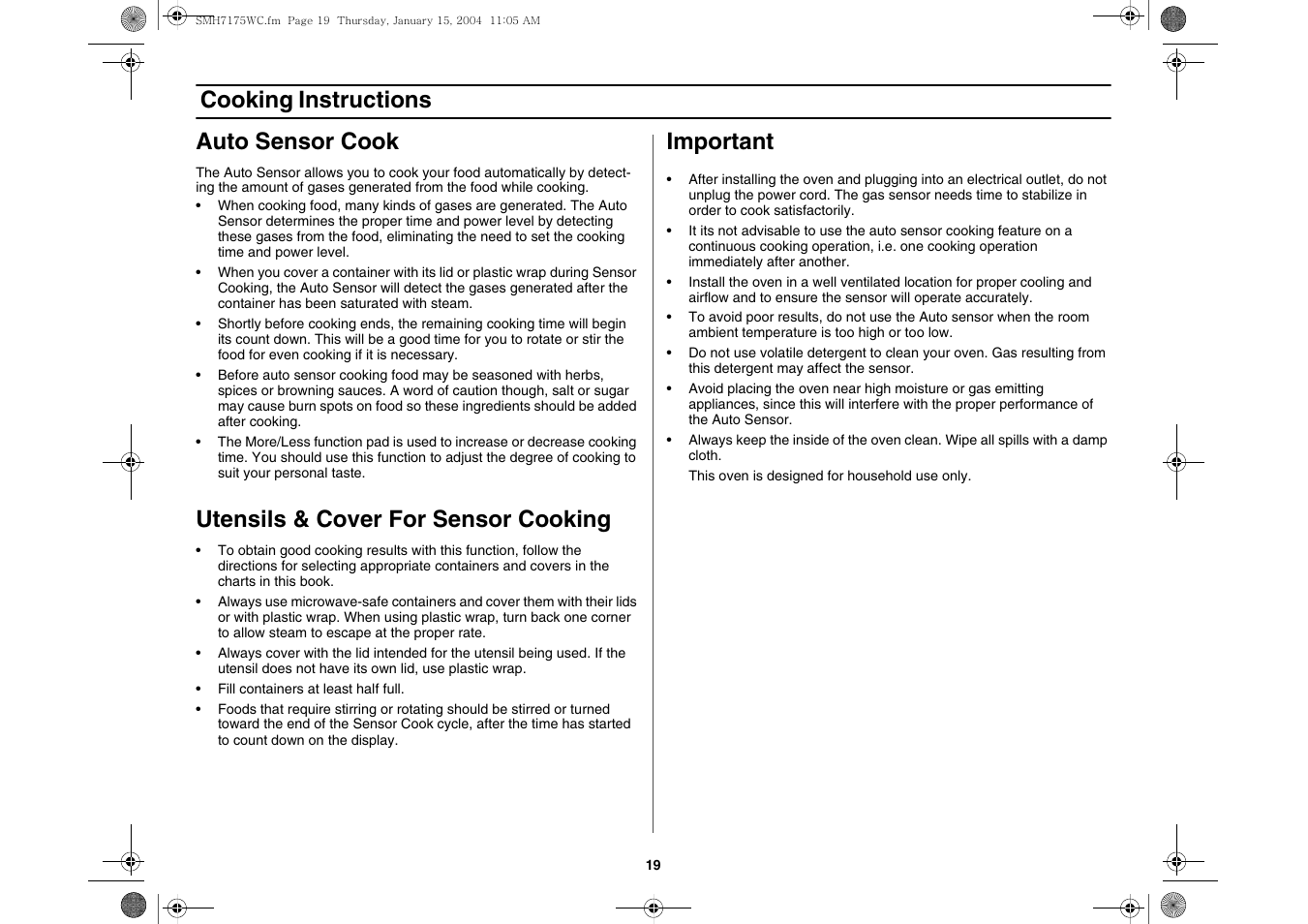 Auto sensor cook, Utensils & cover for sensor cooking, Important | Cooking instructions auto sensor cook | Samsung SMH7175WC-XAA User Manual | Page 19 / 36