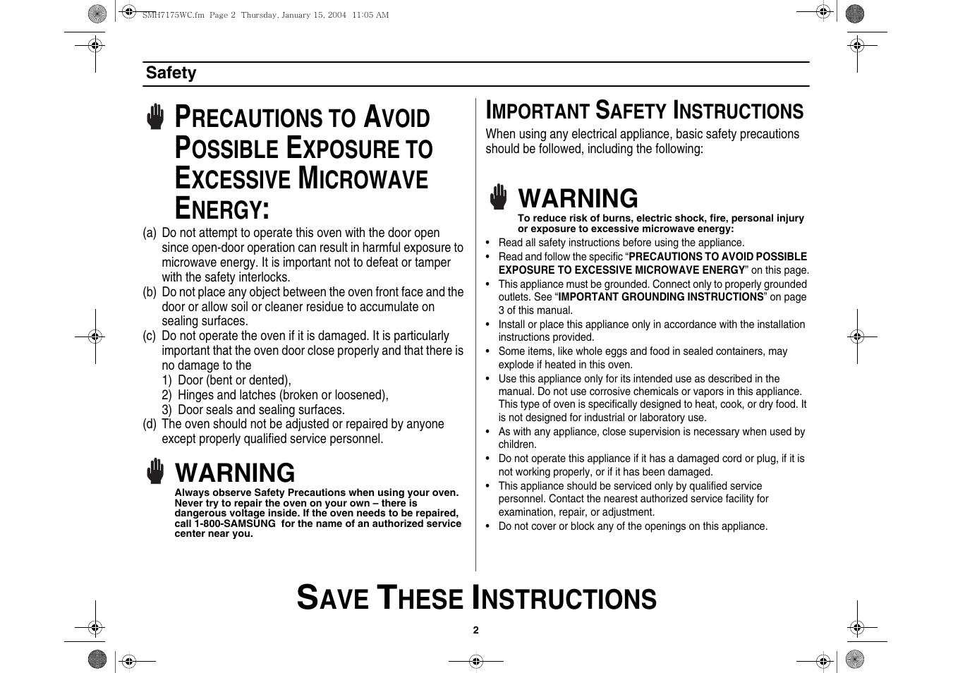 Safety, Hese, Nstructions | Warning, Recautions to, Void, Ossible, Xposure to, Xcessive, Icrowave | Samsung SMH7175WC-XAA User Manual | Page 2 / 36