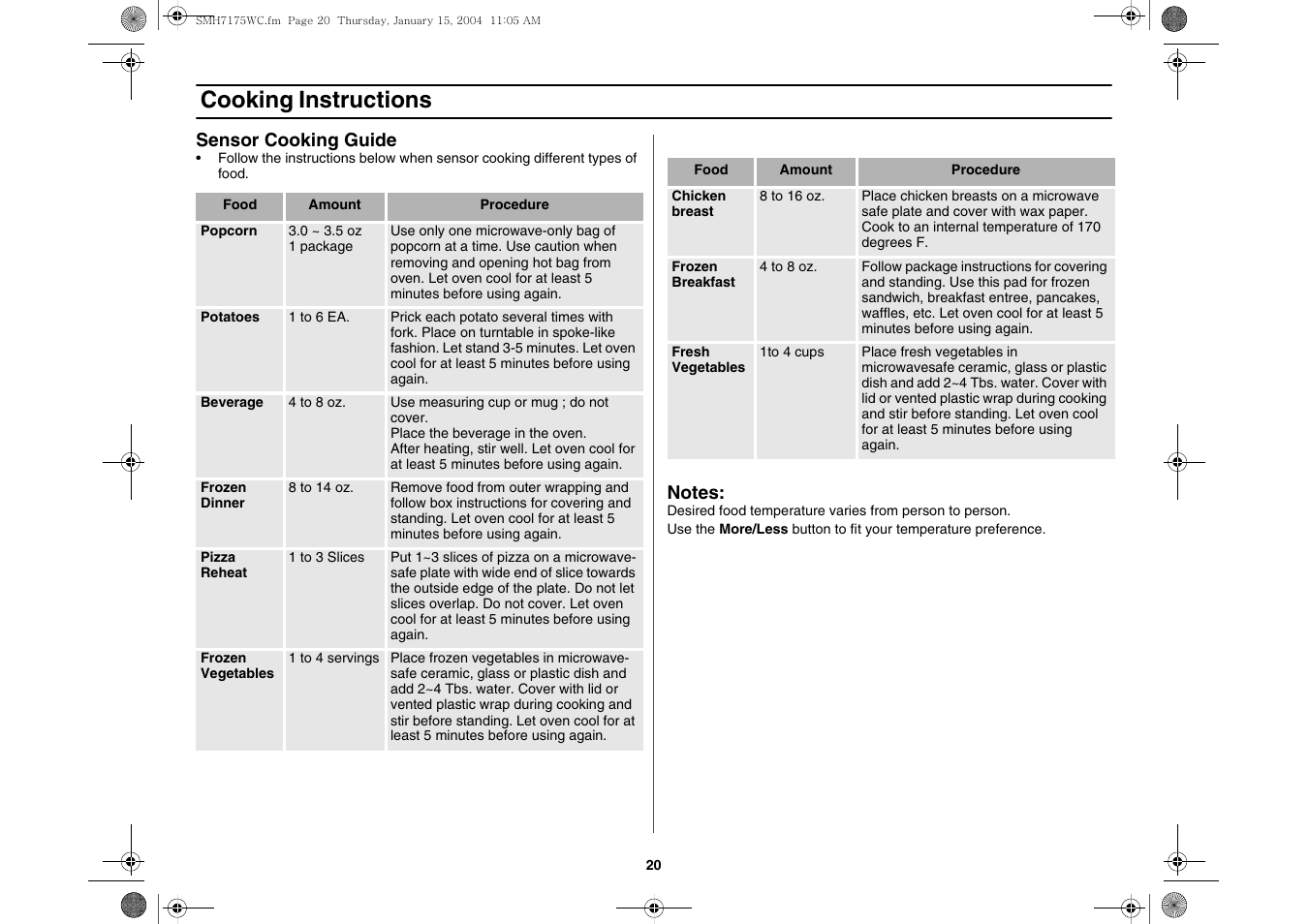 Sensor cooking guide, Cooking instructions | Samsung SMH7175WC-XAA User Manual | Page 20 / 36