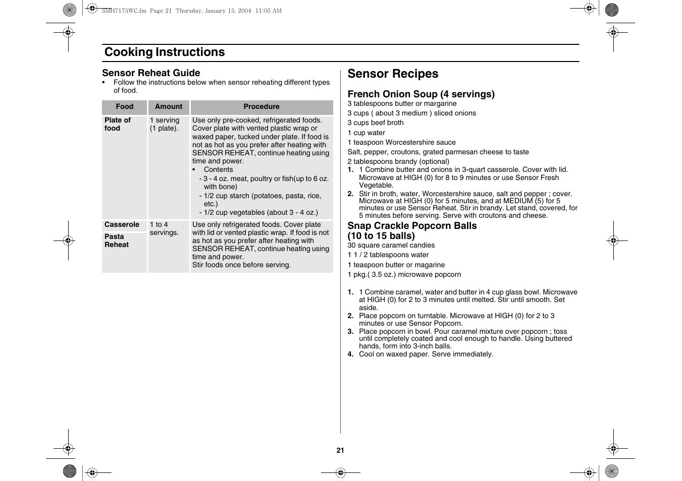 Sensor reheat guide, Sensor recipes, Cooking instructions | Samsung SMH7175WC-XAA User Manual | Page 21 / 36