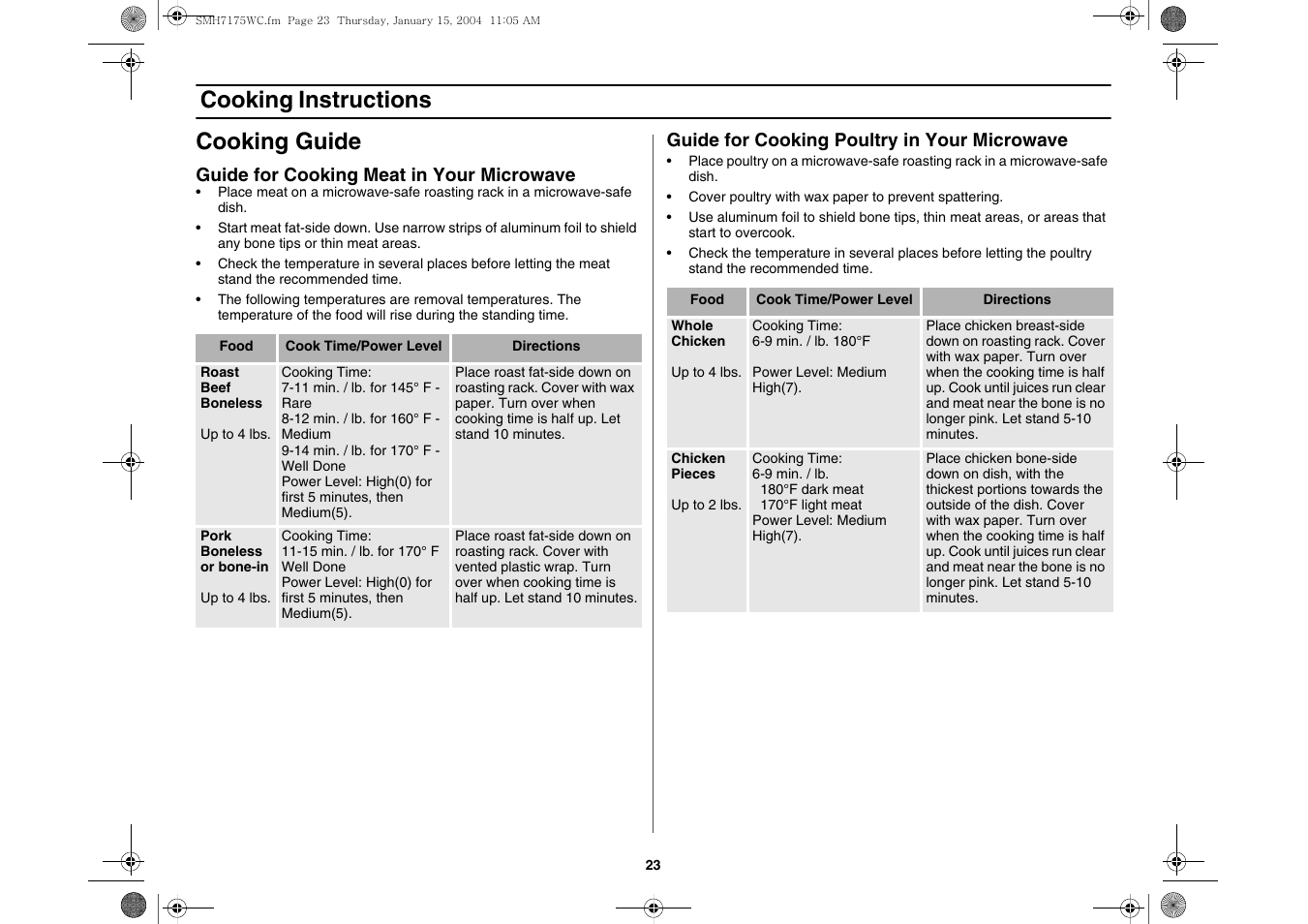 Cooking guide, Cooking instructions cooking guide | Samsung SMH7175WC-XAA User Manual | Page 23 / 36