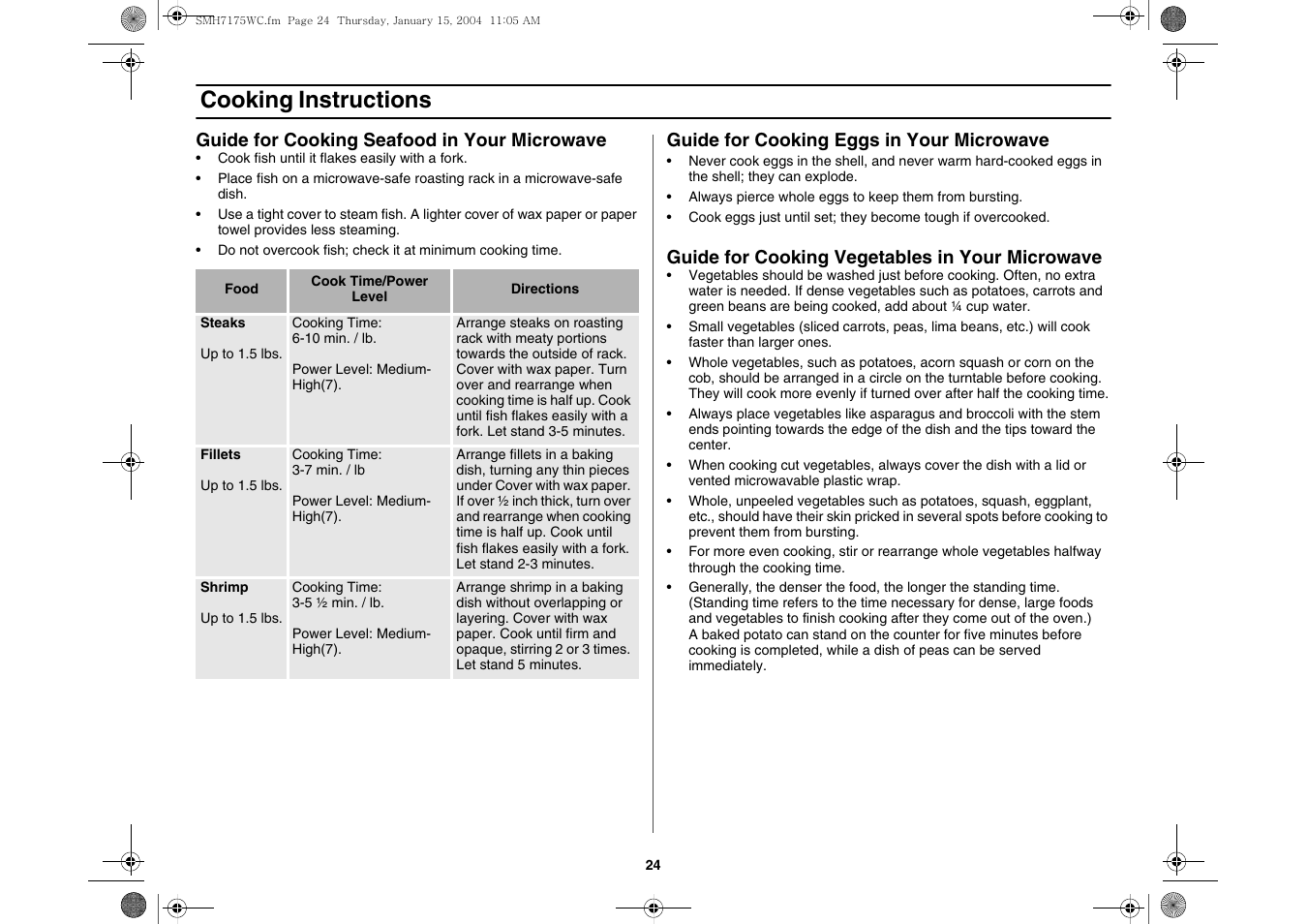 Cooking instructions | Samsung SMH7175WC-XAA User Manual | Page 24 / 36