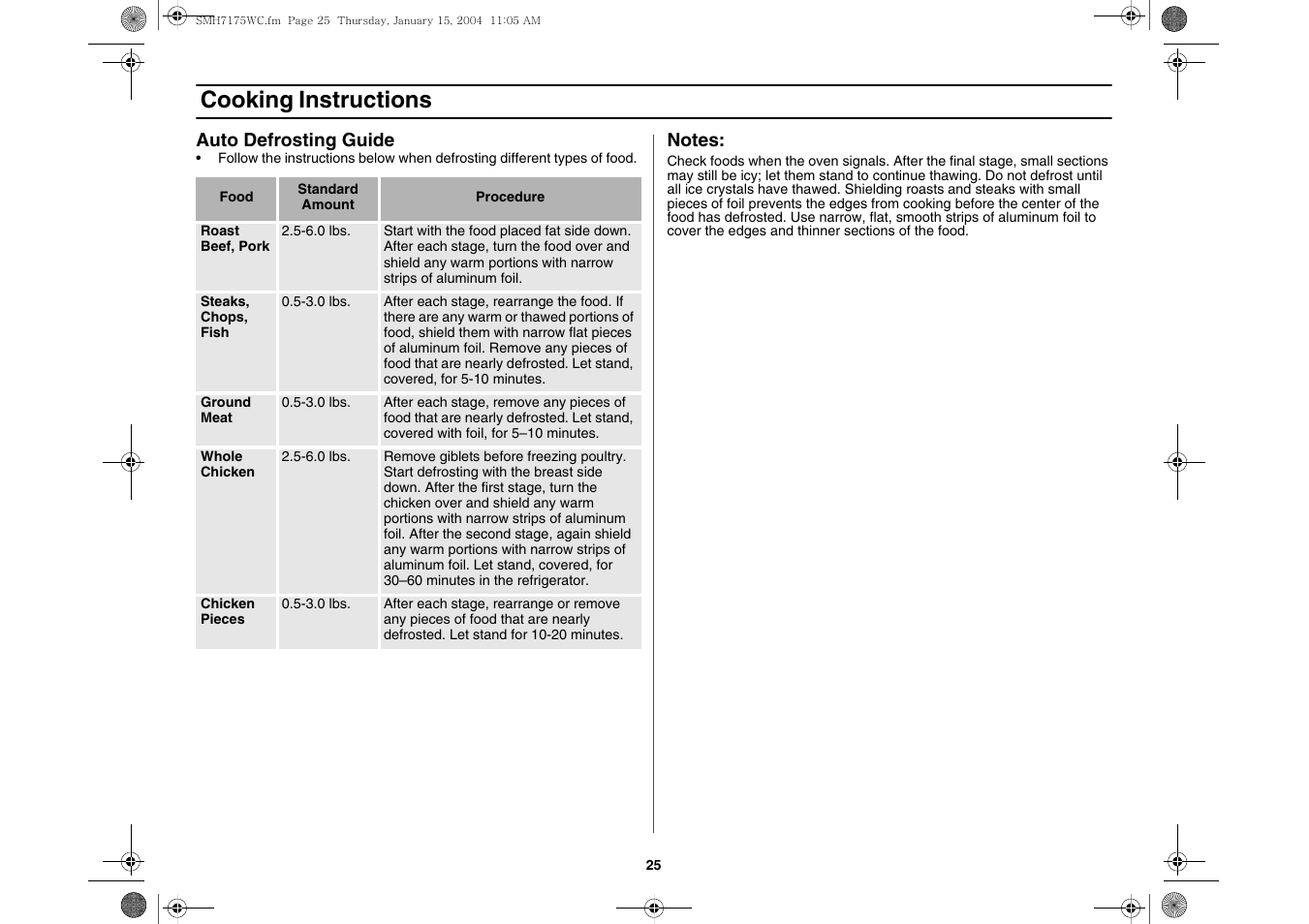 Cooking instructions | Samsung SMH7175WC-XAA User Manual | Page 25 / 36