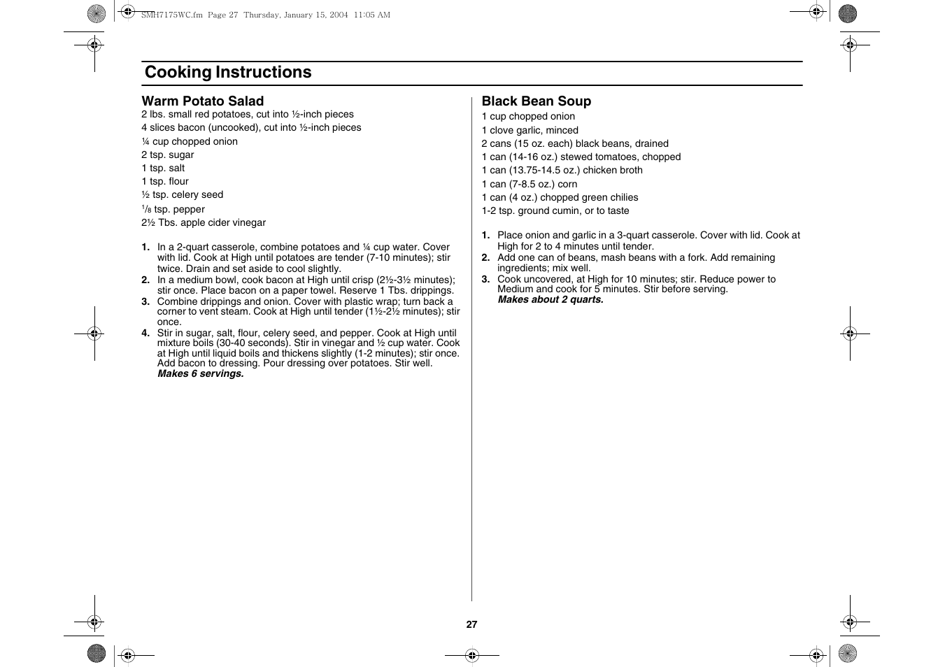 Cooking instructions | Samsung SMH7175WC-XAA User Manual | Page 27 / 36