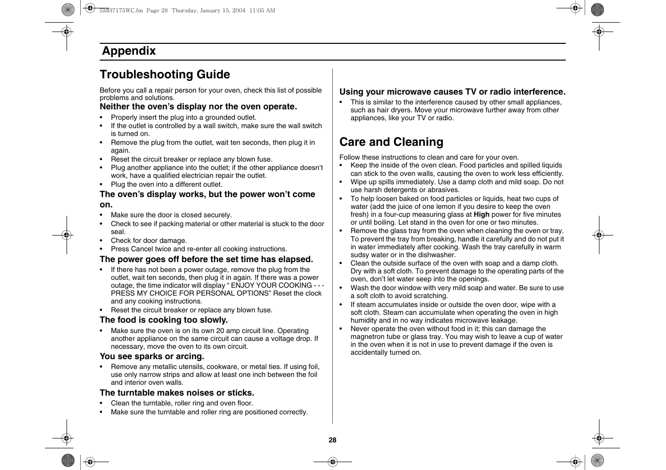 Appendix, Troubleshooting guide, Care and cleaning | Appendix troubleshooting guide | Samsung SMH7175WC-XAA User Manual | Page 28 / 36