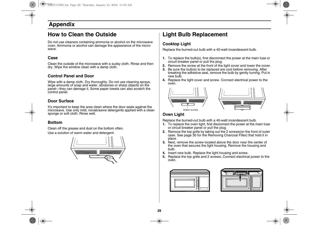 How to clean the outside, Light bulb replacement, Appendix how to clean the outside | Samsung SMH7175WC-XAA User Manual | Page 29 / 36