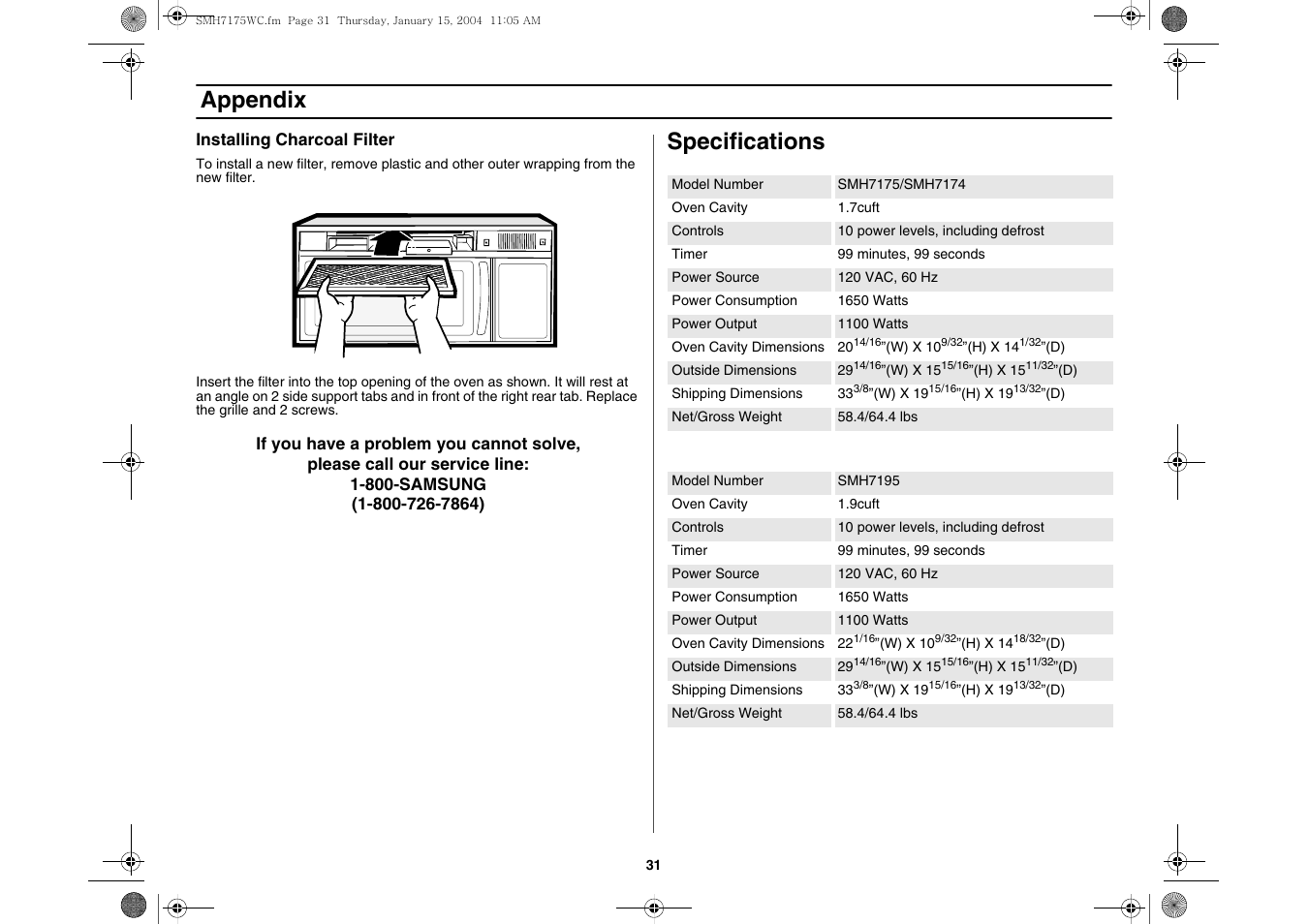 Specifications, Appendix | Samsung SMH7175WC-XAA User Manual | Page 31 / 36