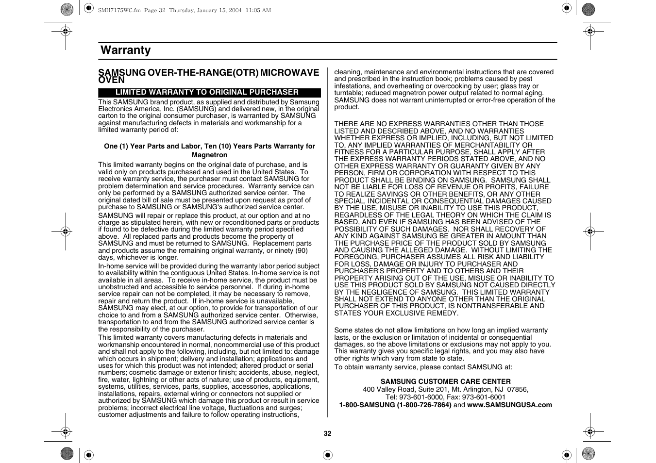 Warranty | Samsung SMH7175WC-XAA User Manual | Page 32 / 36