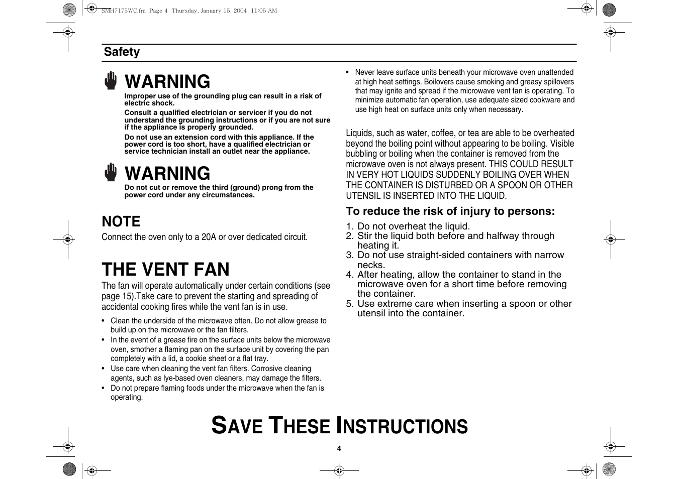 Hese, Nstructions, Warning | The vent fan | Samsung SMH7175WC-XAA User Manual | Page 4 / 36