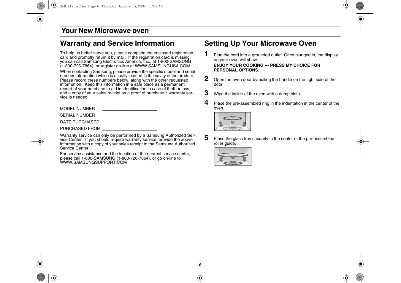 Your new microwave oven, Warranty and service information, Setting up your microwave oven | Setting up your microwave oven 1 | Samsung SMH7175WC-XAA User Manual | Page 6 / 36