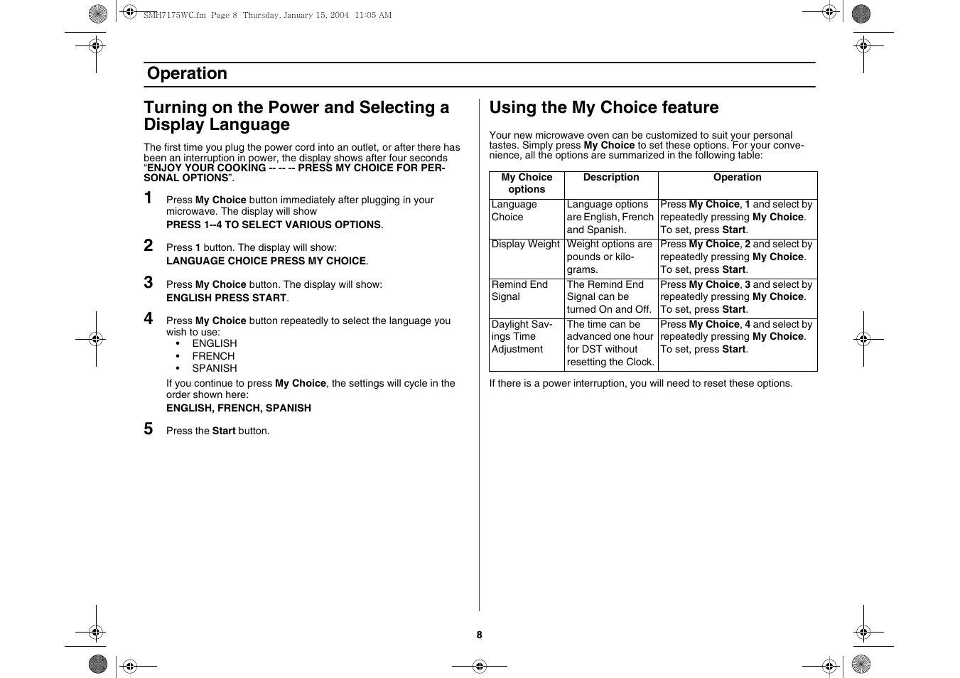 Turning on the power and selecting a, Using the my choice feature | Samsung SMH7175WC-XAA User Manual | Page 8 / 36