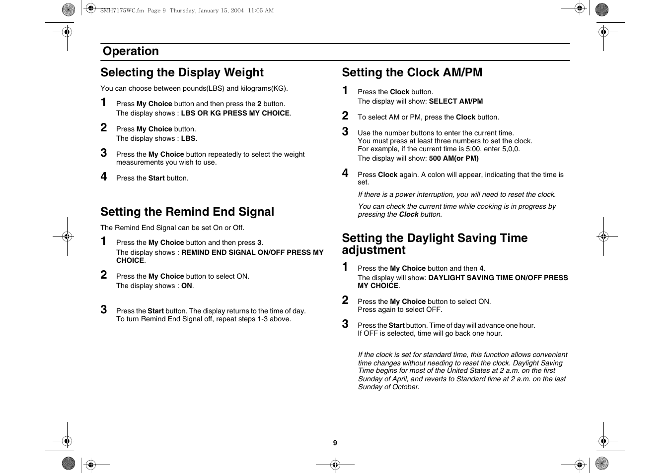 Selecting the display weight, Setting the remind end signal, Setting the clock am/pm | Setting the daylight saving time, Operation selecting the display weight, Setting the clock am/pm 1, Setting the daylight saving time adjustment 1 | Samsung SMH7175WC-XAA User Manual | Page 9 / 36