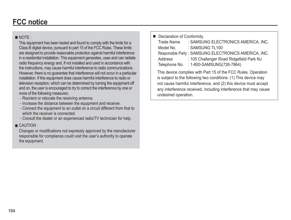 Fcc notice | Samsung EC-TL100BBP-US User Manual | Page 105 / 106