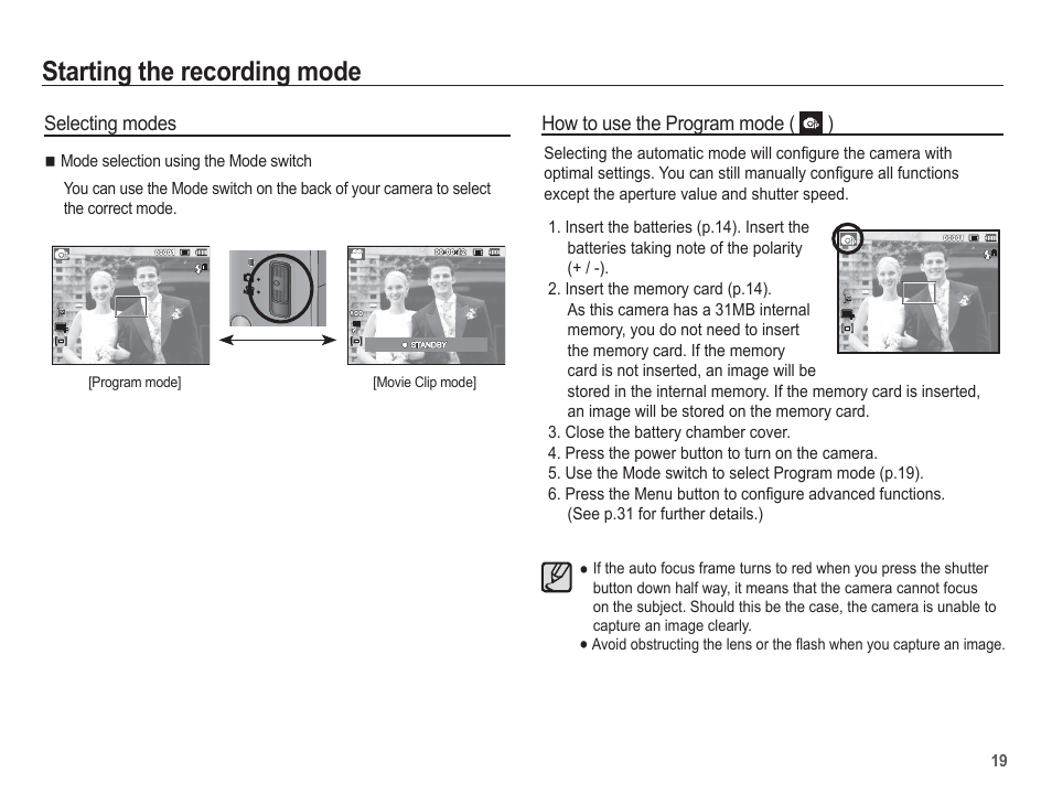 Starting the recording mode | Samsung EC-TL100BBP-US User Manual | Page 20 / 106