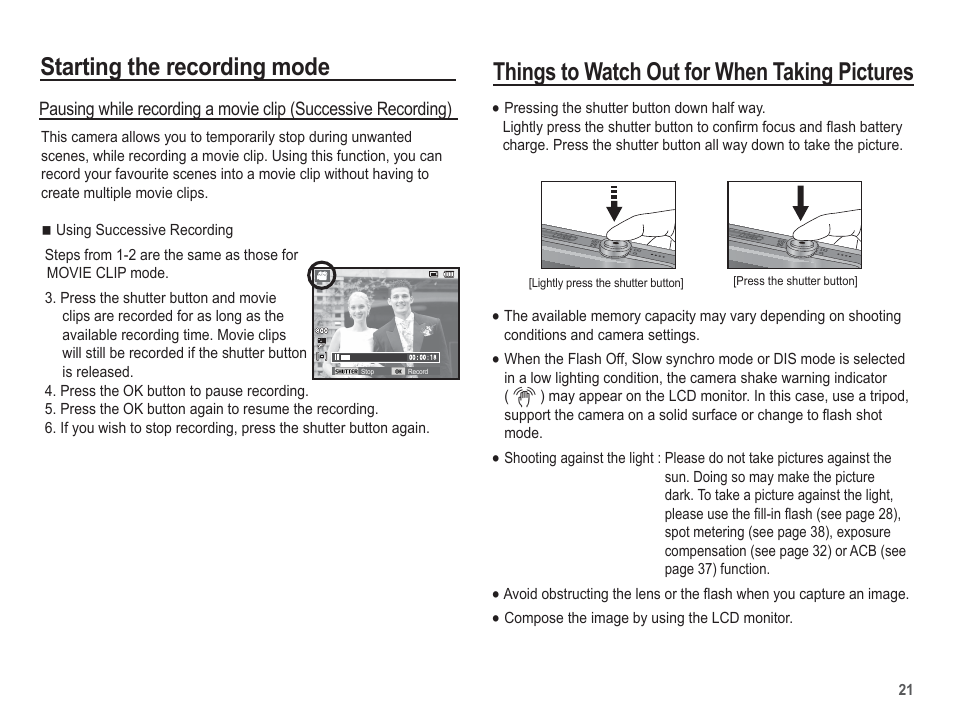 Starting the recording mode, Things to watch out for when taking pictures | Samsung EC-TL100BBP-US User Manual | Page 22 / 106