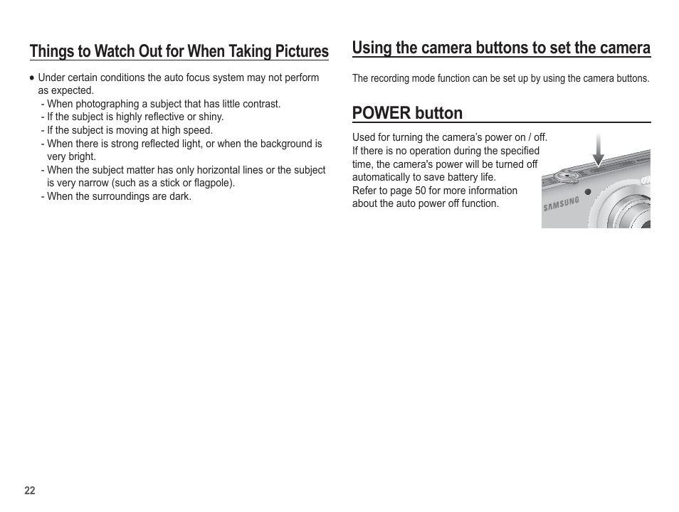 Things to watch out for when taking pictures, Using the camera buttons to set the camera, Power button | Samsung EC-TL100BBP-US User Manual | Page 23 / 106