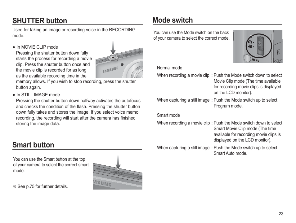 Shutter button, Mode switch, Smart button | Samsung EC-TL100BBP-US User Manual | Page 24 / 106