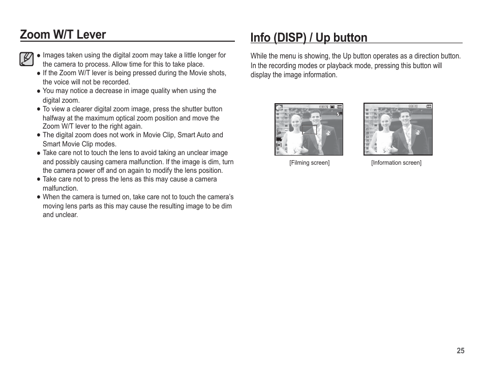 Info (disp) / up button, Zoom w/t lever | Samsung EC-TL100BBP-US User Manual | Page 26 / 106