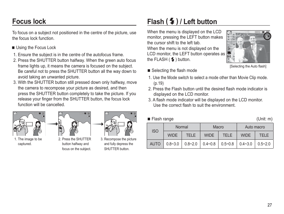 Focus lock, Flash ( ) / left button | Samsung EC-TL100BBP-US User Manual | Page 28 / 106