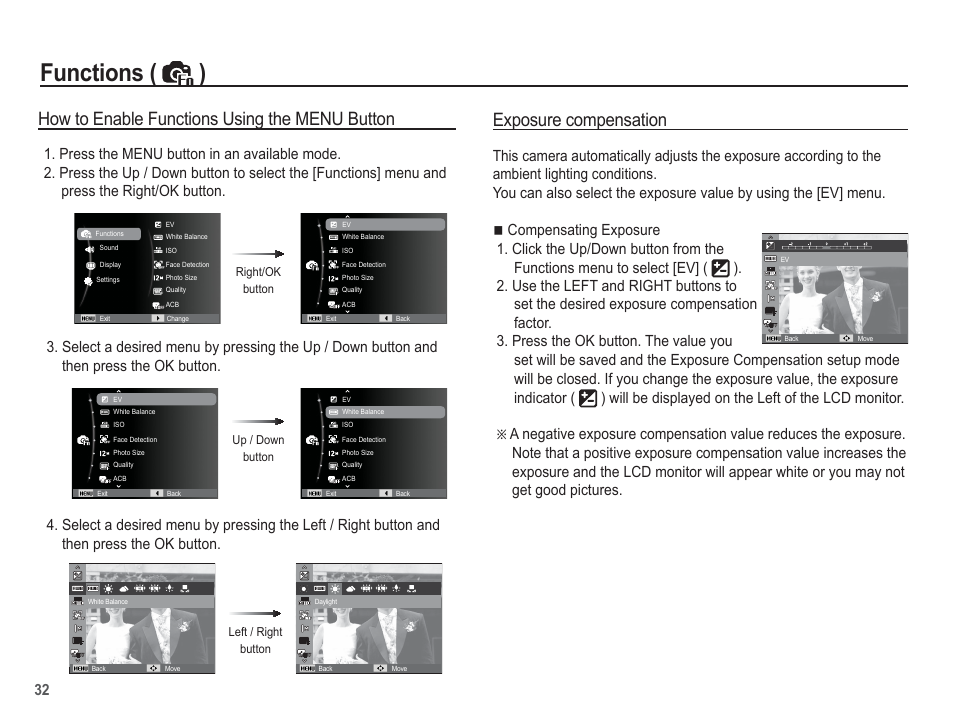 Functions ( ), Exposure compensation, How to enable functions using the menu button | Samsung EC-TL100BBP-US User Manual | Page 33 / 106