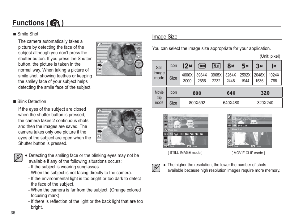 Functions ( ), Image size | Samsung EC-TL100BBP-US User Manual | Page 37 / 106