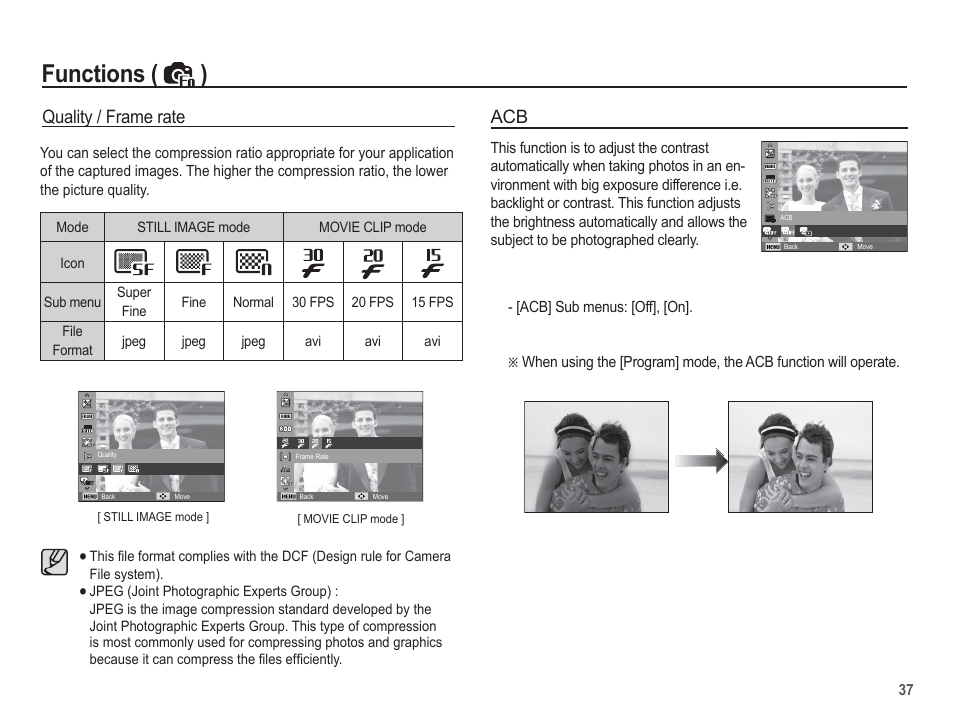 Functions ( ), Quality / frame rate | Samsung EC-TL100BBP-US User Manual | Page 38 / 106