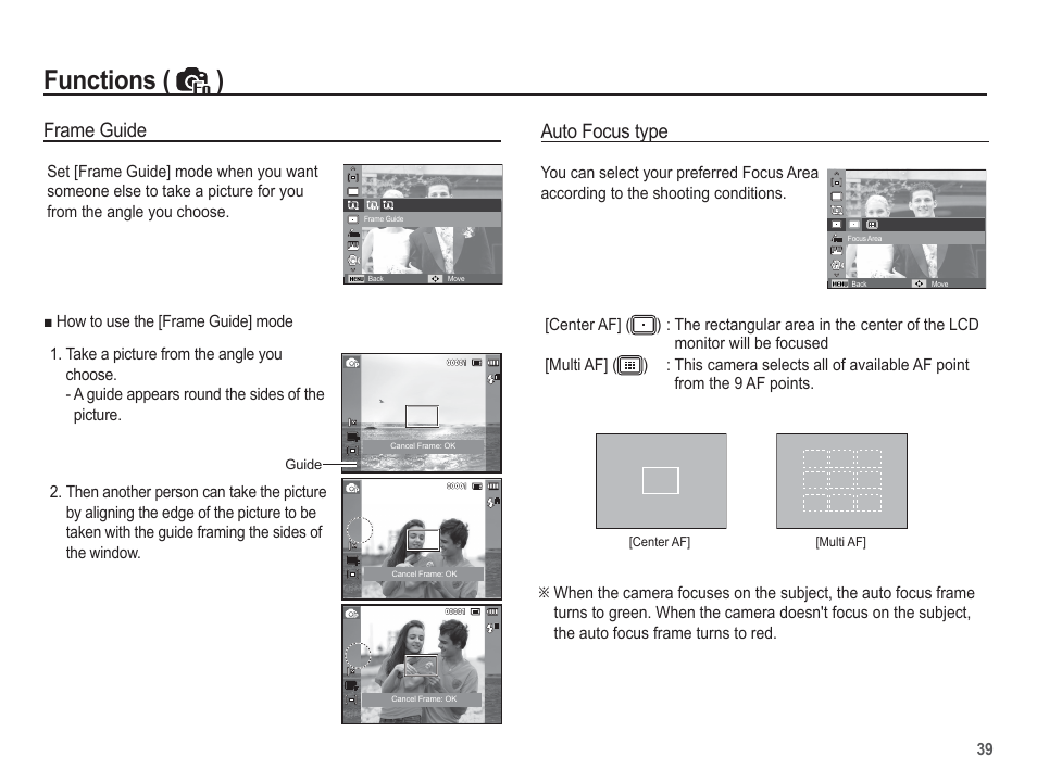 Functions ( ), Auto focus type, Frame guide | Samsung EC-TL100BBP-US User Manual | Page 40 / 106