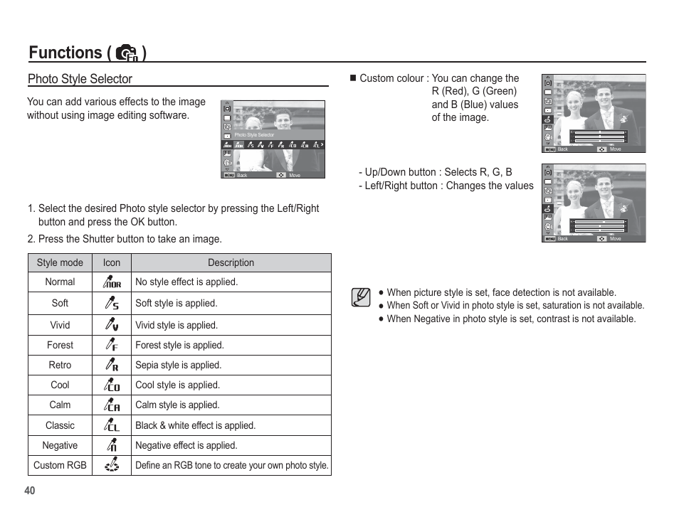 Functions ( ), Photo style selector | Samsung EC-TL100BBP-US User Manual | Page 41 / 106