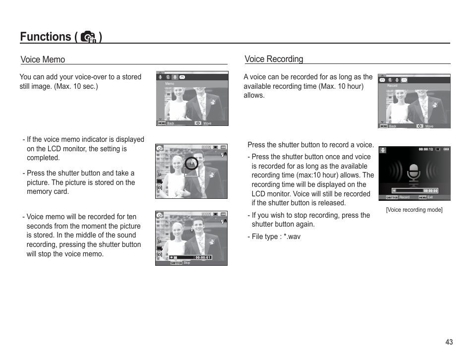 Functions ( ), Voice recording | Samsung EC-TL100BBP-US User Manual | Page 44 / 106