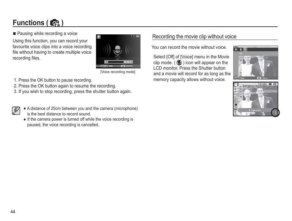 Functions ( ), Recording the movie clip without voice | Samsung EC-TL100BBP-US User Manual | Page 45 / 106