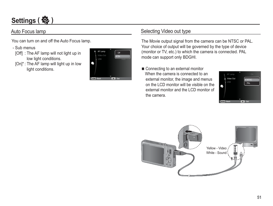 Settings ( ” ), Selecting video out type, Auto focus lamp | Samsung EC-TL100BBP-US User Manual | Page 52 / 106