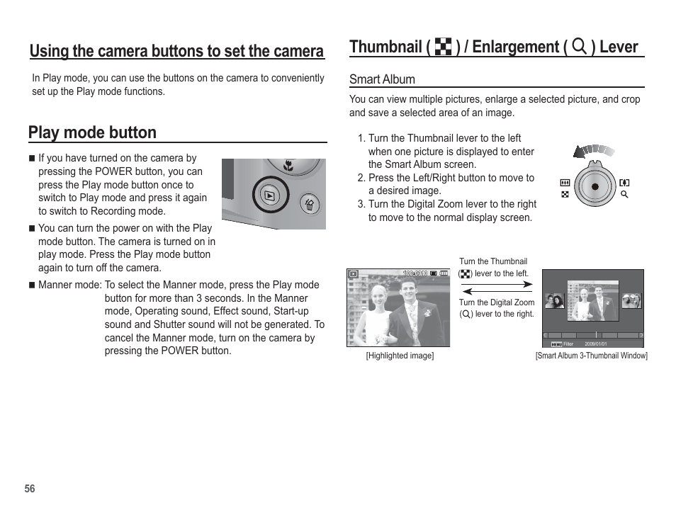 Thumbnail ( º ) / enlargement ( í ) lever, Using the camera buttons to set the camera, Play mode button | Smart album | Samsung EC-TL100BBP-US User Manual | Page 57 / 106