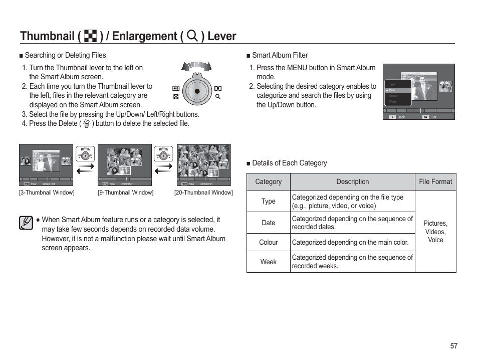 Thumbnail ( º ) / enlargement ( í ) lever, Ŷ details of each category | Samsung EC-TL100BBP-US User Manual | Page 58 / 106