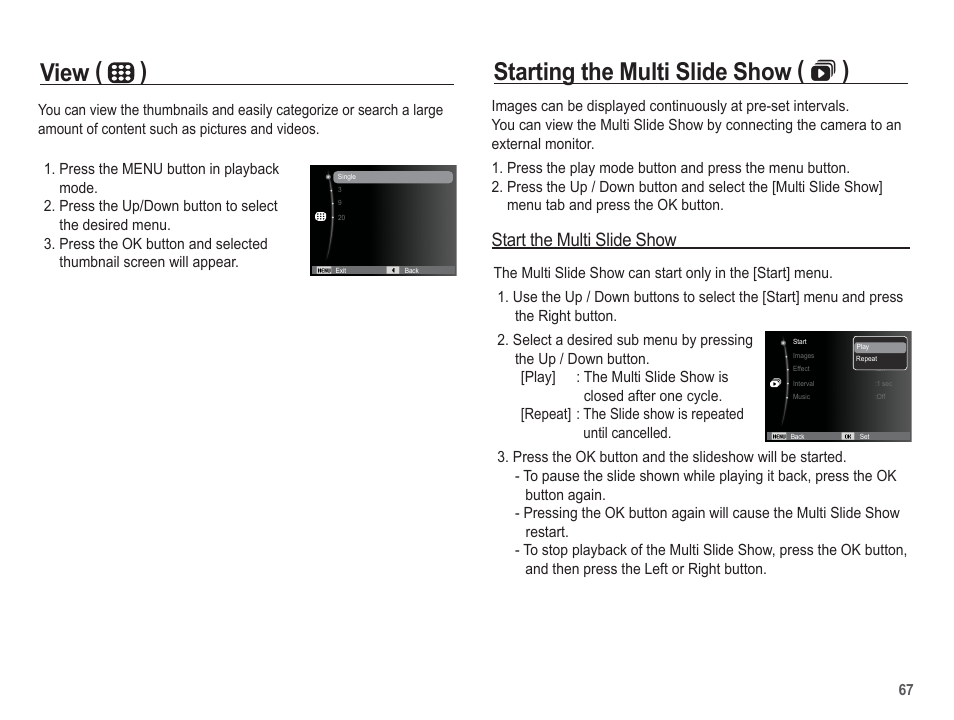 View ( ), Starting the multi slide show (  ), Start the multi slide show | Samsung EC-TL100BBP-US User Manual | Page 68 / 106