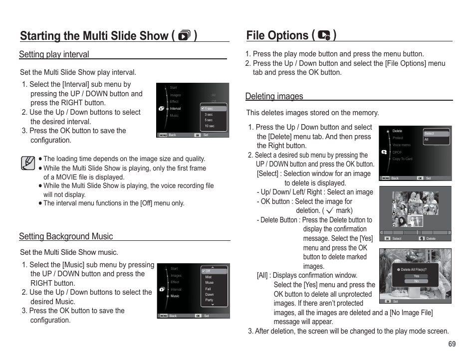 Starting the multi slide show (  ), File options ( ), Setting play interval | Setting background music, Deleting images | Samsung EC-TL100BBP-US User Manual | Page 70 / 106