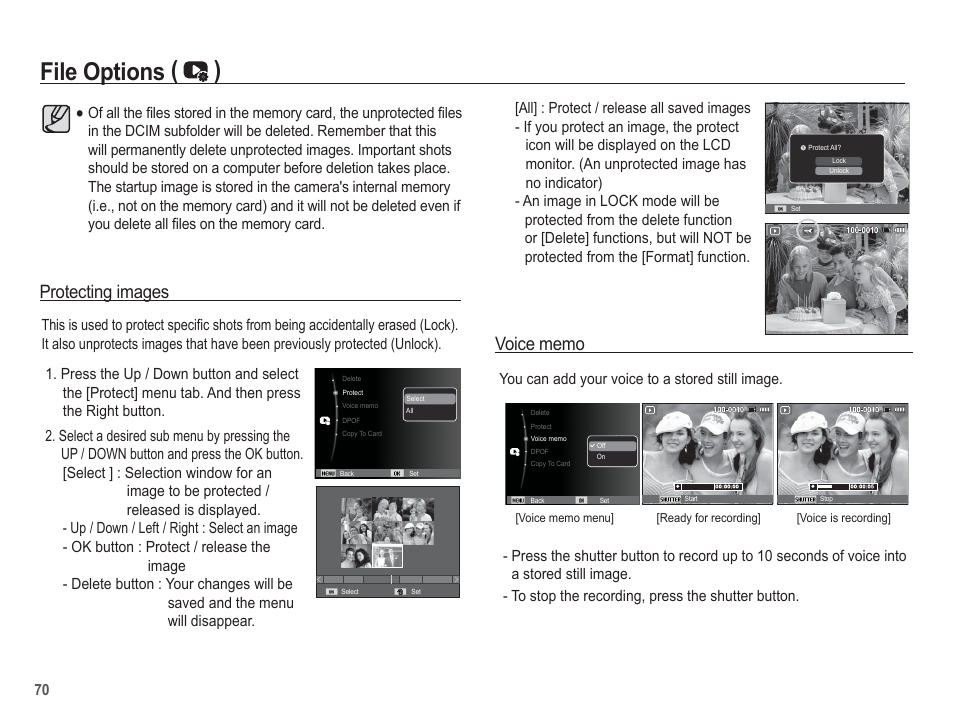 File options ( ), Protecting images, You can add your voice to a stored still image | Samsung EC-TL100BBP-US User Manual | Page 71 / 106