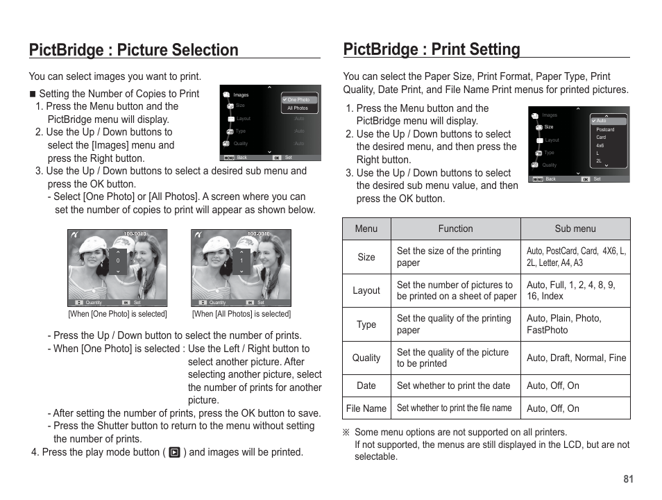 Pictbridge : picture selection, Pictbridge : print setting | Samsung EC-TL100BBP-US User Manual | Page 82 / 106