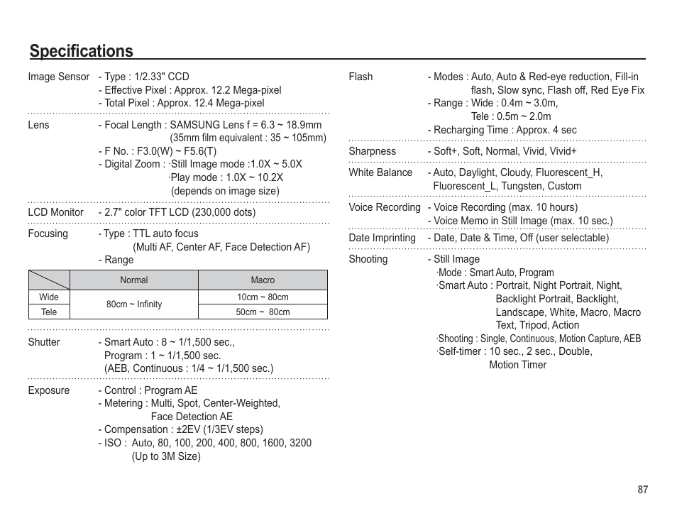 Specifications | Samsung EC-TL100BBP-US User Manual | Page 88 / 106