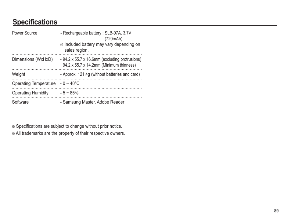 Specifications | Samsung EC-TL100BBP-US User Manual | Page 90 / 106