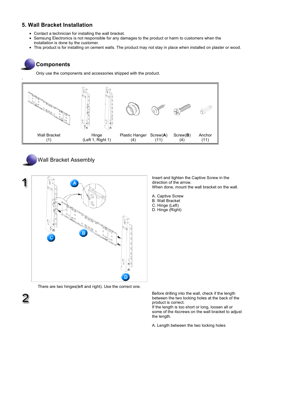 Wall bracket installation, Components, Wall bracket assembly | Samsung LS57BPHNB-XAA User Manual | Page 21 / 80