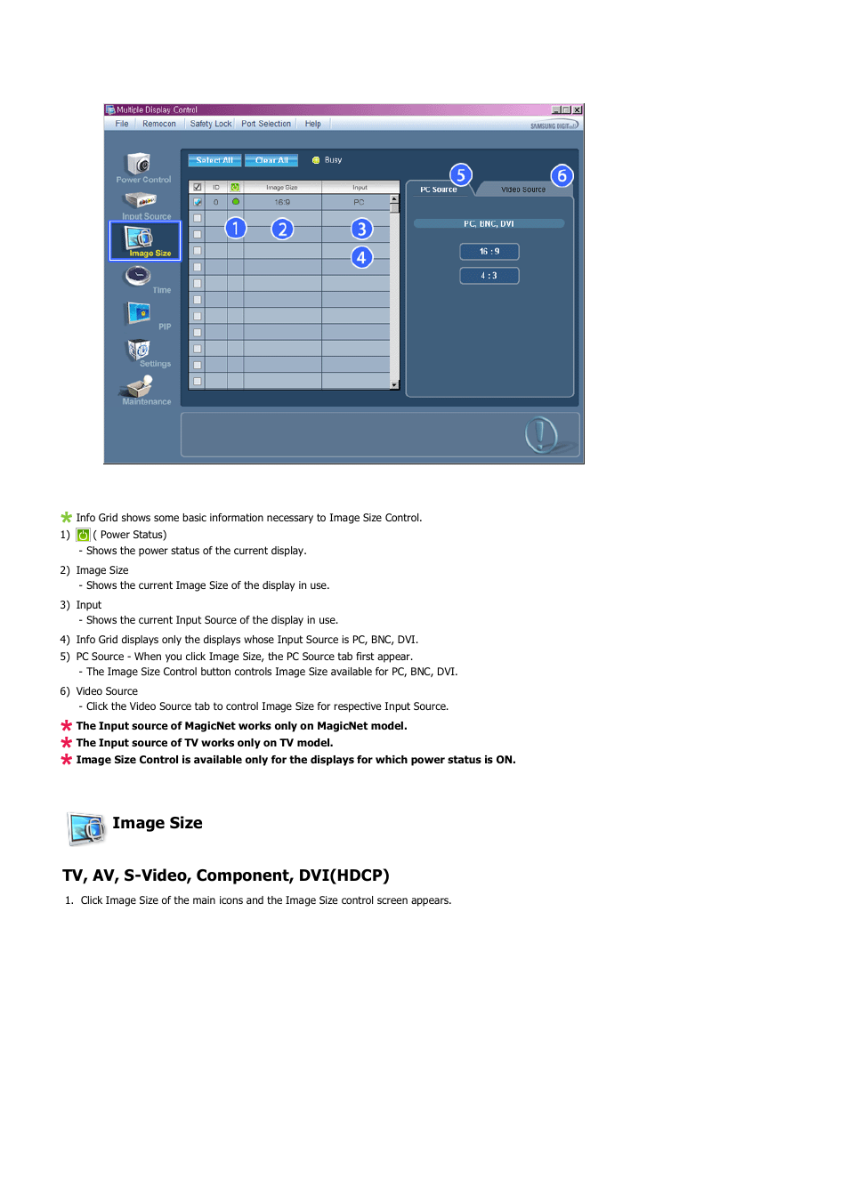 Image size tv, av, s-video, component, dvi(hdcp) | Samsung LS57BPHNB-XAA User Manual | Page 37 / 80